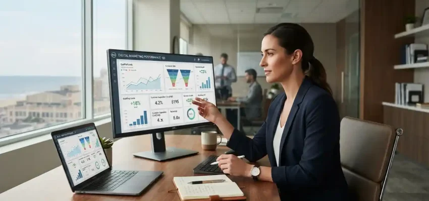 Business professional analyzing digital marketing performance and revenue metrics in a modern Asbury Park office