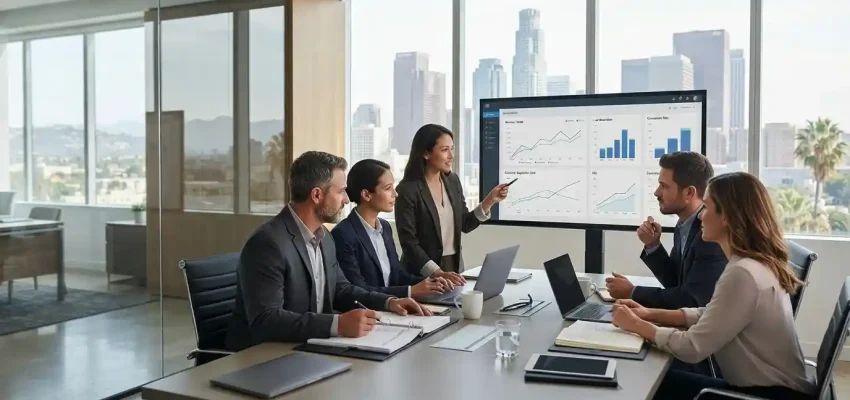 Business services professionals in a Los Angeles office reviewing digital marketing performance and business growth analytics