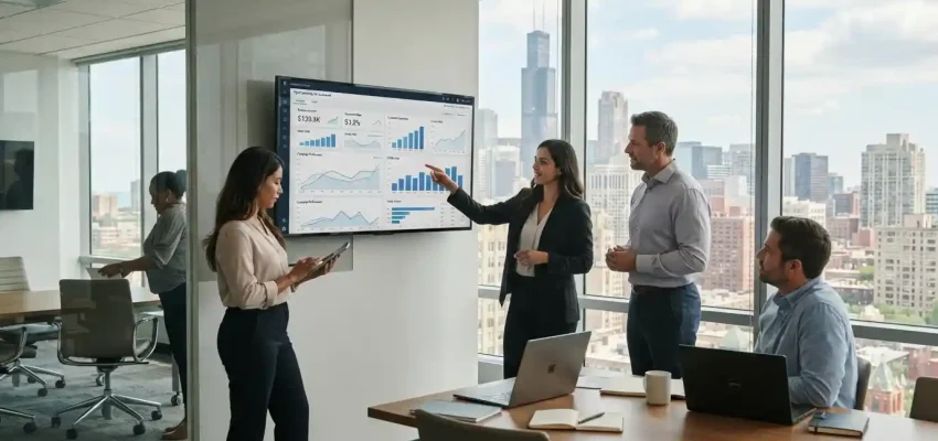 Marketing professionals reviewing digital campaign performance and ROI in a Chicago office.