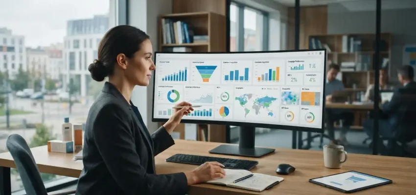 Marketing professional analyzing digital campaign ROI and consumer business performance in an Opole office