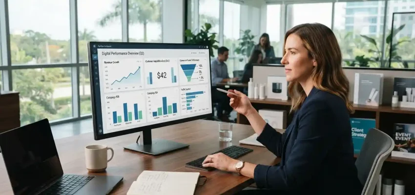 Marketing professional reviewing digital campaign performance and revenue analytics in a modern business workspace