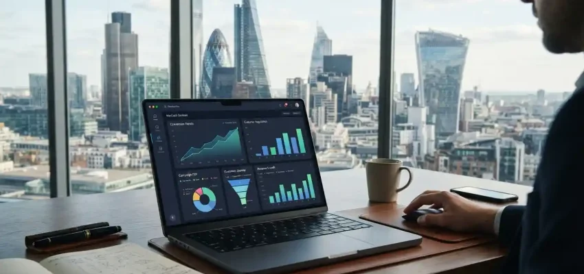 Digital marketing analytics workspace with financial performance charts and London business architecture in the background