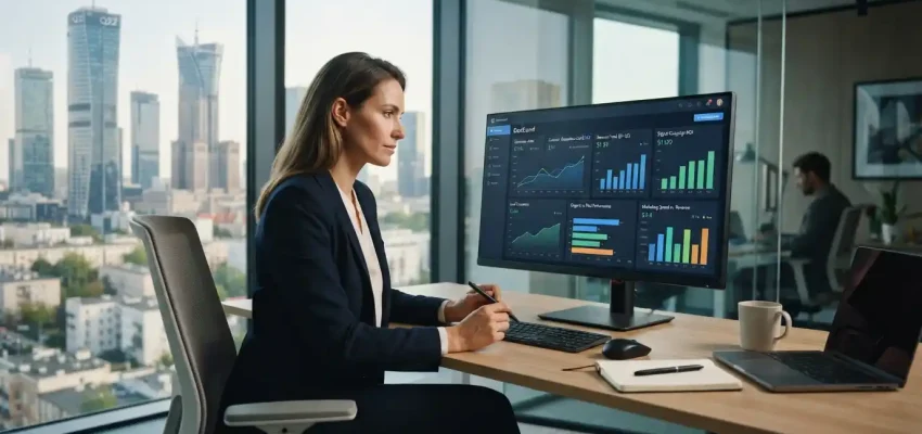 Financial services professional analyzing digital marketing ROI metrics with the Warsaw skyline in the background