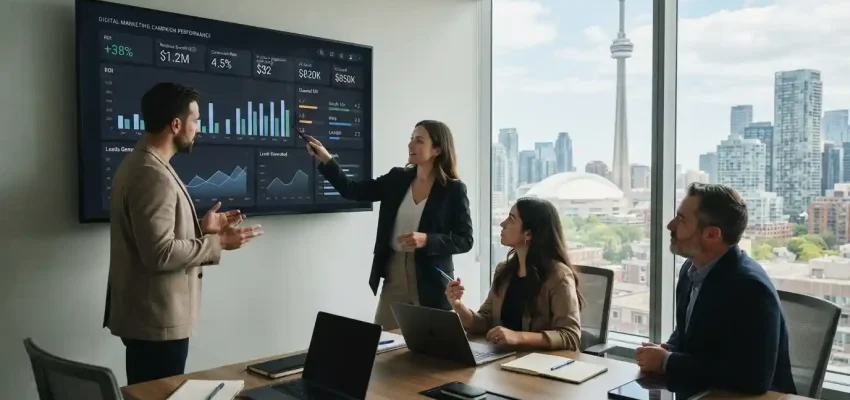 Marketing professionals in a Toronto office analyzing digital campaign performance and ROI data on a large analytics dashboard.