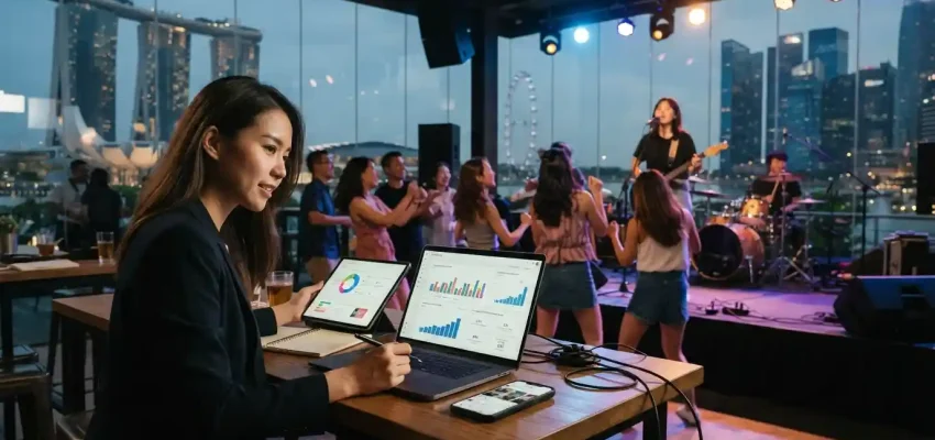 Creative professional analyzing digital marketing data while a live music performance takes place in a Singapore entertainment venue