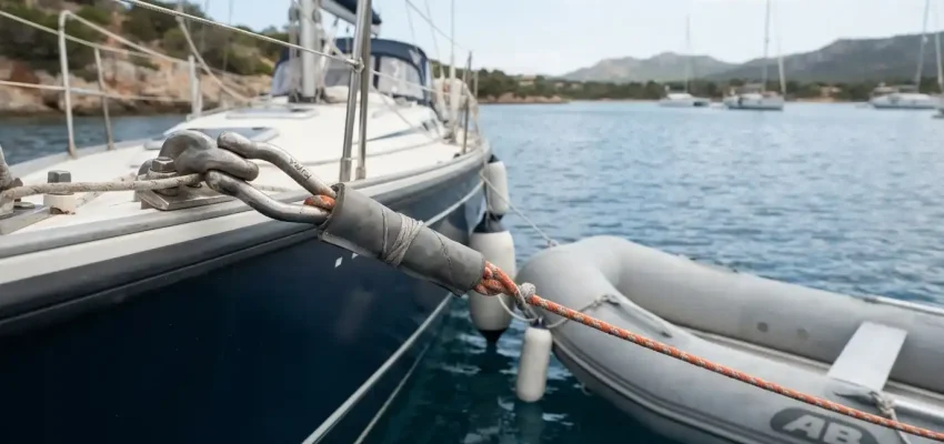 Small inflatable dinghy secured to a sailboat with a protected painter and stainless-steel shackle