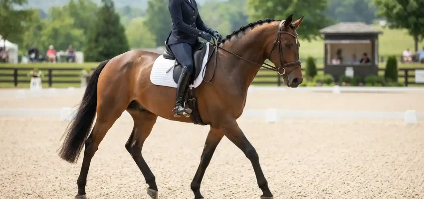 Dressage horse wearing a fitted snaffle bridle during arena training