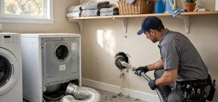 Technician cleaning a dryer vent hose with a rotary brush tool in a USA laundry room
