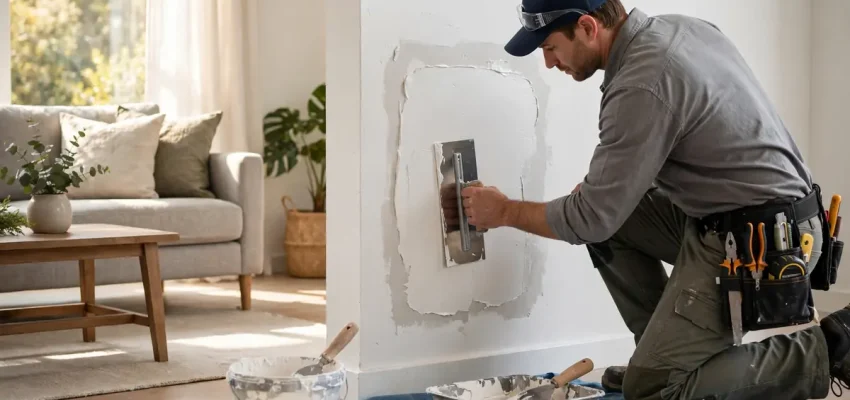 Drywall repair cost: contractor smoothing joint compound over a drywall patch
