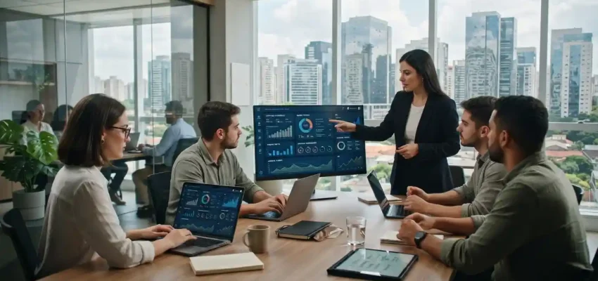 Digital marketing professionals analyzing campaign data in a modern Barueri business environment