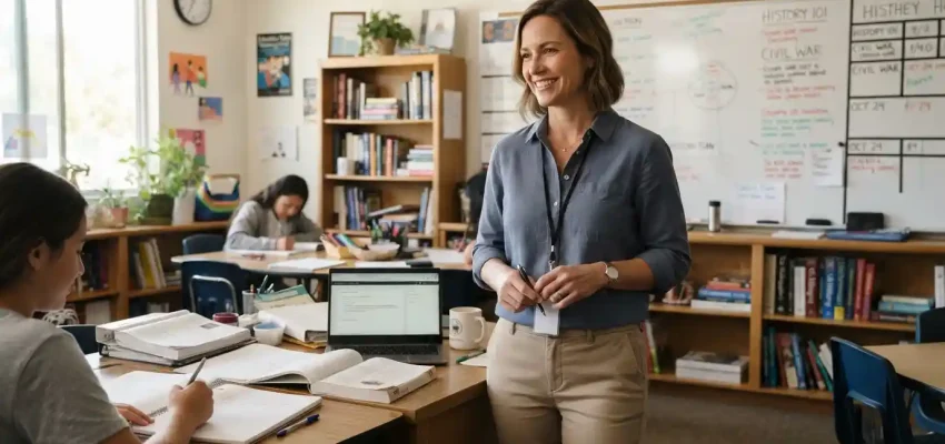 Teacher wearing a polished educator shirt in a bright classroom with books and teaching materials