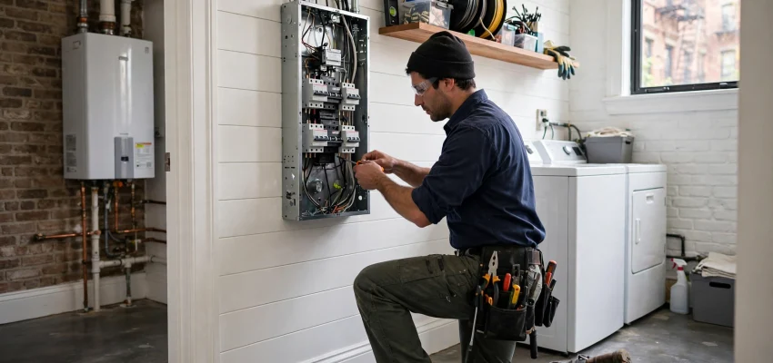 Licensed electrician installing a residential electrical breaker panel in a New York townhouse