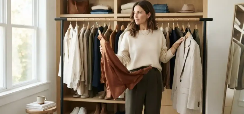 Person refreshing their wardrobe with modern clothing and accessories