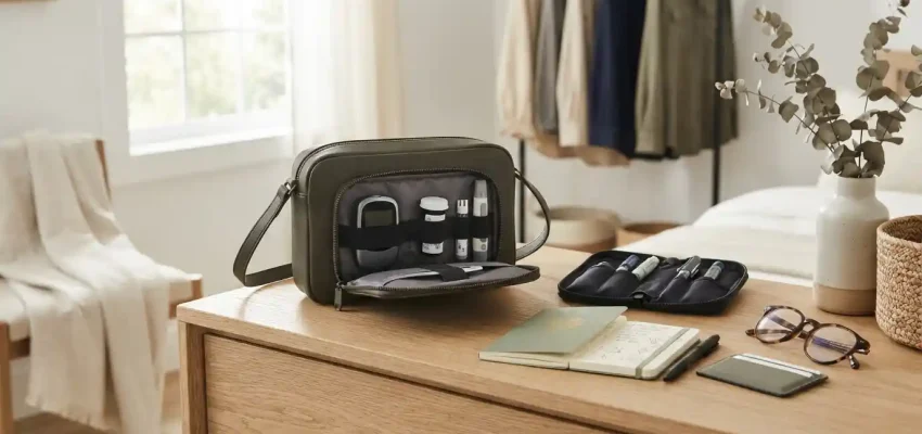 Stylish diabetic supply bag with organized health accessories in a modern lifestyle setting