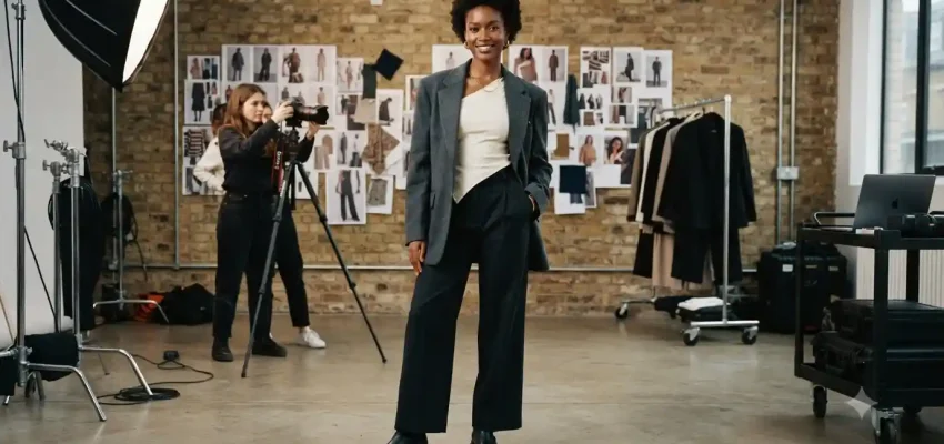 Fashion model expressing confidence and individuality during a creative studio photoshoot
