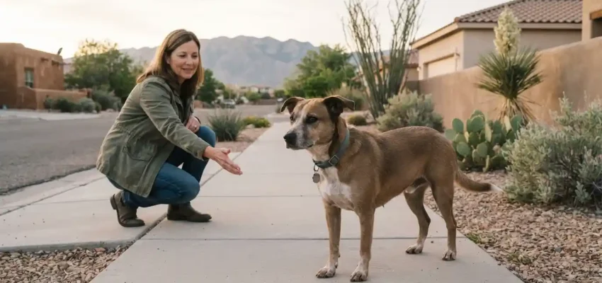 Lost dog being safely approached in an Albuquerque residential neighborhood
