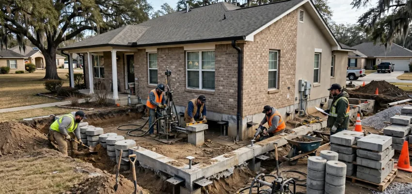 Foundation repair cost in Houston — crew installing piers around a Houston home