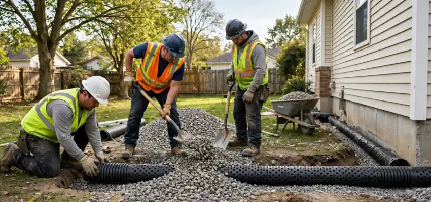 French drain cost 2026 — workers installing a gravel drainage trench with perforated pipe beside a house foundation