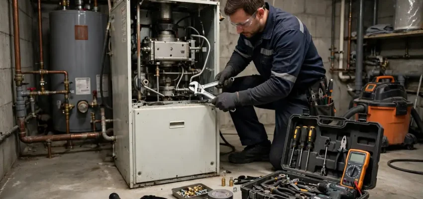 An HVAC technician repairing a home gas furnace in a basement utility room with tools and a toolbox