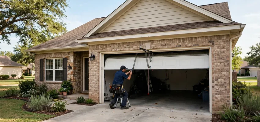 Garage door repair cost in Dallas — technician fixing a garage door at a Texas home