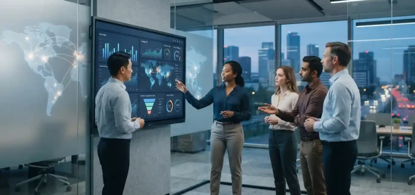 Business professionals analyzing digital marketing performance with global connectivity visuals