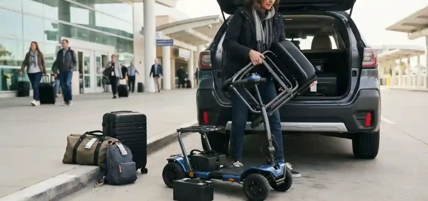 Portable mobility scooter prepared for travel beside an open vehicle trunk with luggage.