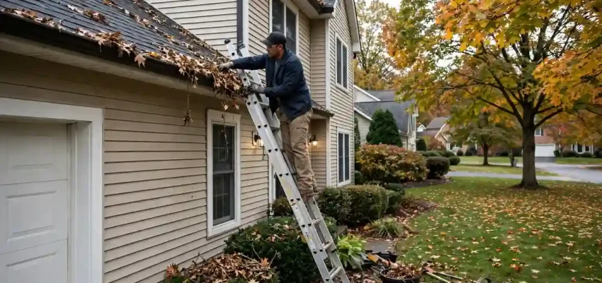 A professional worker on a ladder cleaning leaves and debris from the gutters of a suburban American home in autumn