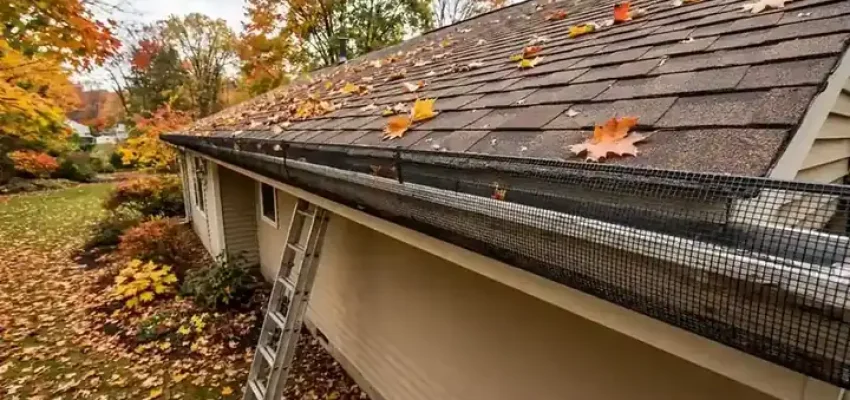 Gutter guards installed on a residential gutter with a ladder leaning against a USA home