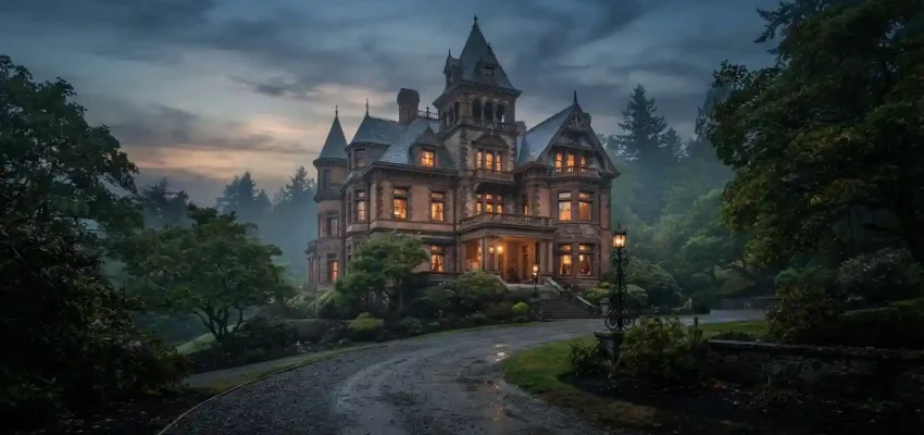 Historic Manresa Castle hotel in Port Townsend at dusk with a mysterious atmosphere