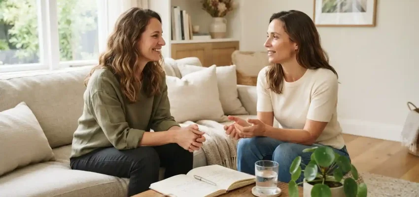 Two adults having a supportive wellness conversation in a bright, comfortable home setting