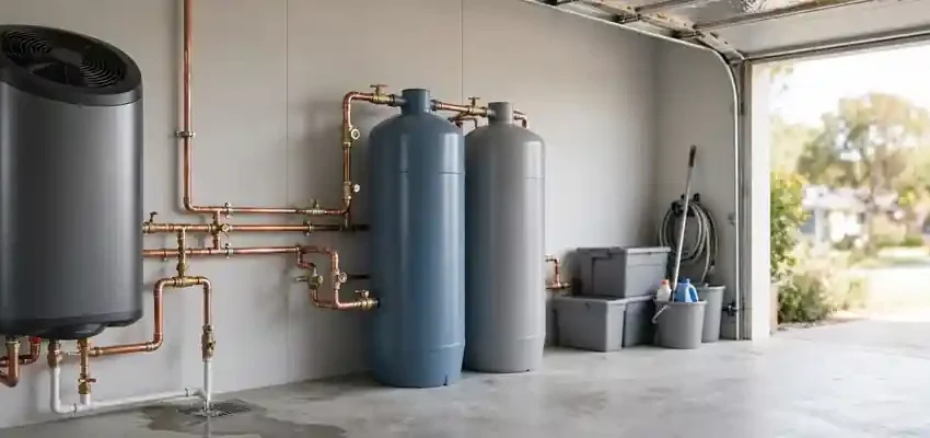 Heat pump water heater cost: modern heat pump water heater installed in a garage