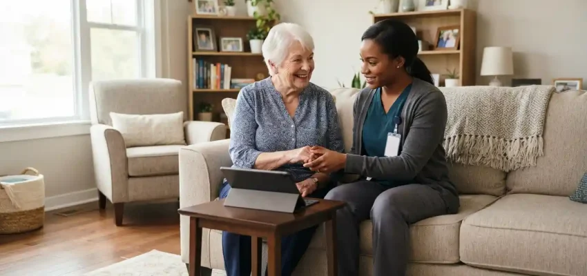 A professional caregiver assisting an adult resident in a comfortable home setting