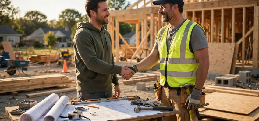 How to hire a general contractor: homeowner shaking hands with a contractor at a job site