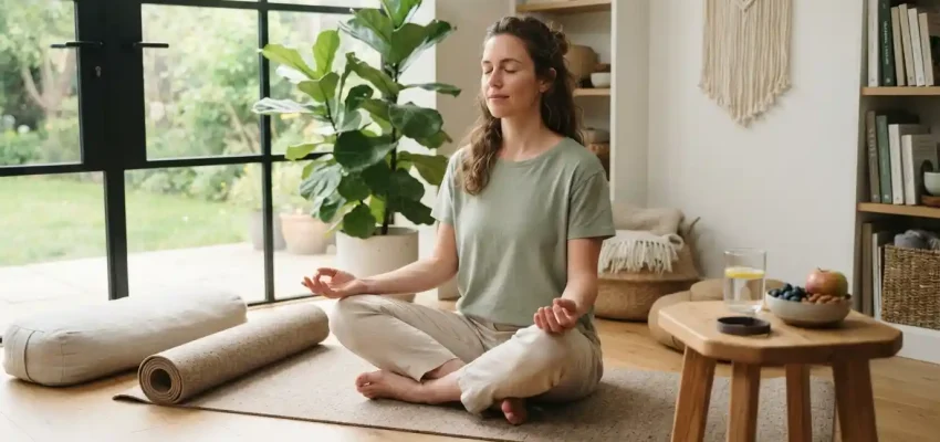 Adult practicing mindfulness in a bright home wellness space with a yoga mat, healthy foods, and a fitness wearable