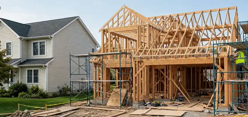 Home addition cost: new house addition under construction with wooden framing