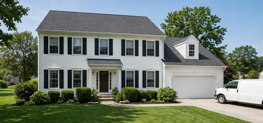 Home warranty cost 2026 — suburban American home with a service van in the driveway