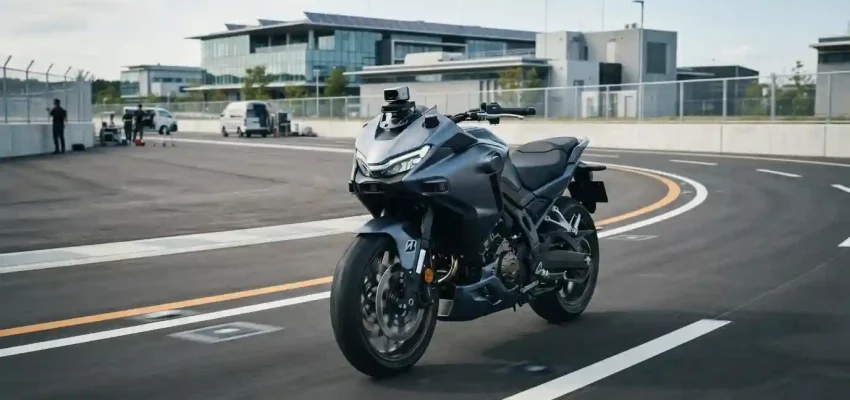 Advanced motorcycle demonstrating automated steering technology on a controlled test road