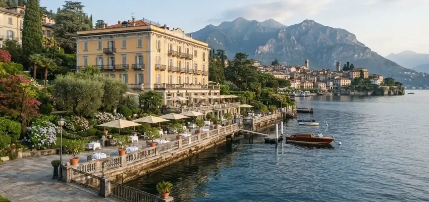 Elegant lakeside hotel setting overlooking Lake Como near Bellagio, Italy