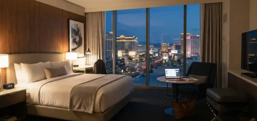Modern Las Vegas hotel room with a work desk and Strip skyline visible through the window