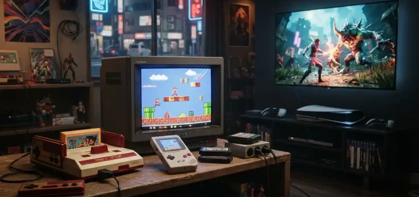 Japanese gaming consoles, arcade hardware, and a handheld system representing the evolution of video games
