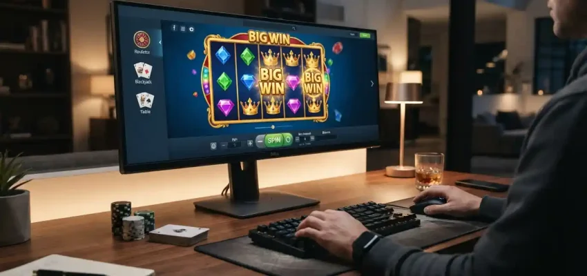 Modern online casino interface with slot games and table-game elements on a desktop setup