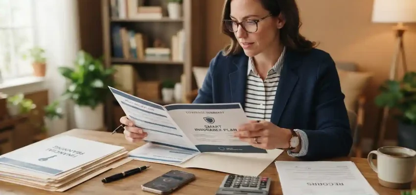 American adult reviewing an insurance policy with a calculator and financial documents at a home office desk