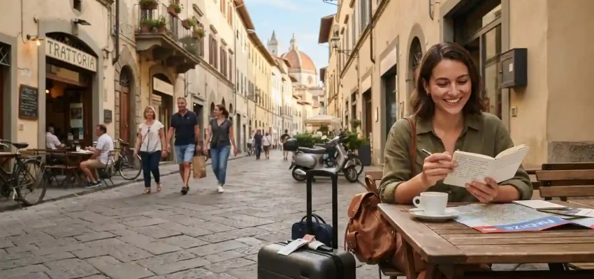 Traveler exploring an Italian city with historic architecture and a café-lined street