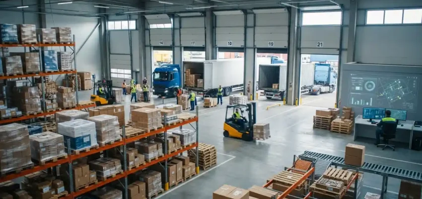 Modern warehouse with freight trucks representing integrated logistics and supply chain services