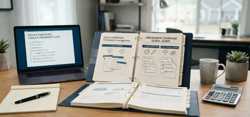 Insurance documents and coverage planning materials arranged on a professional desk