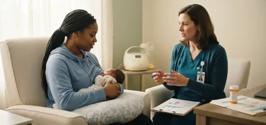 Breastfeeding parent discussing lactation care and medication concerns with a lactation consultant