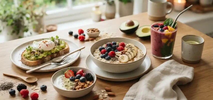 A healthy lactose-free breakfast spread with oatmeal, berries, avocado toast, dairy-free yogurt, and a smoothie.