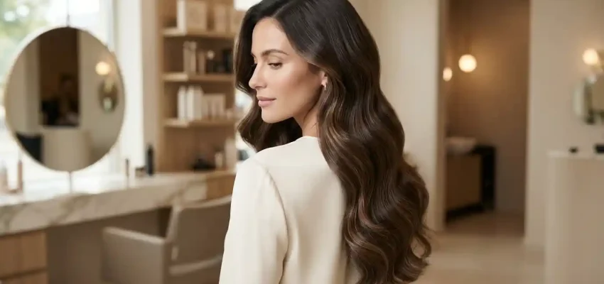 Woman with long, naturally blended hair extensions styled in soft waves