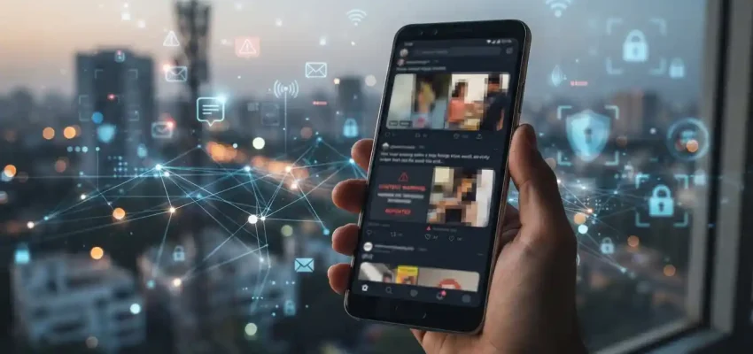 Smartphone showing a generic viral video feed with digital privacy and security concepts