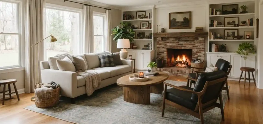 Elegant living room furnished with comfortable timeless furniture and warm neutral décor